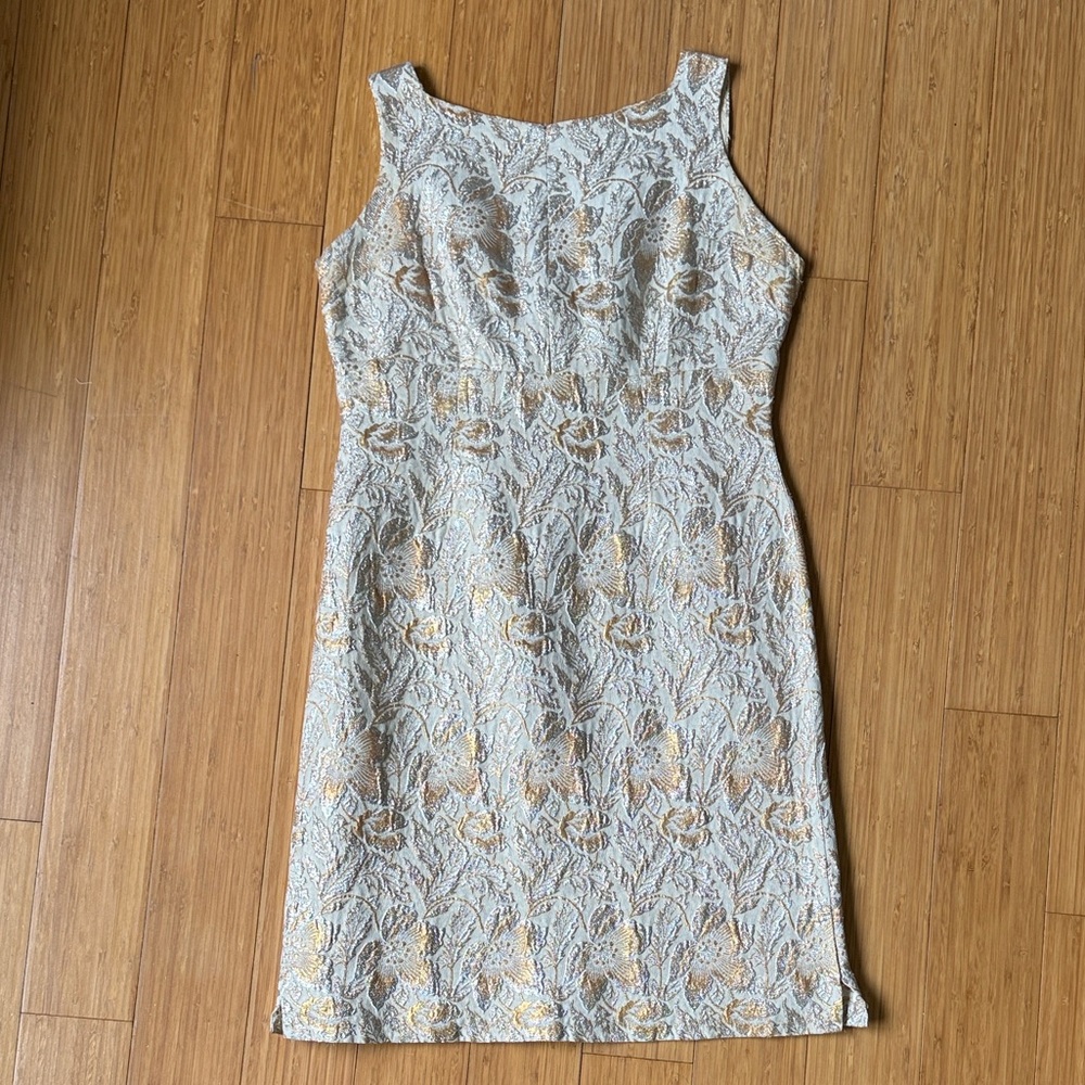 Authentic Vintage 1960s Silver, Beige, and Gold Metallic Lamé Cocktail Dress